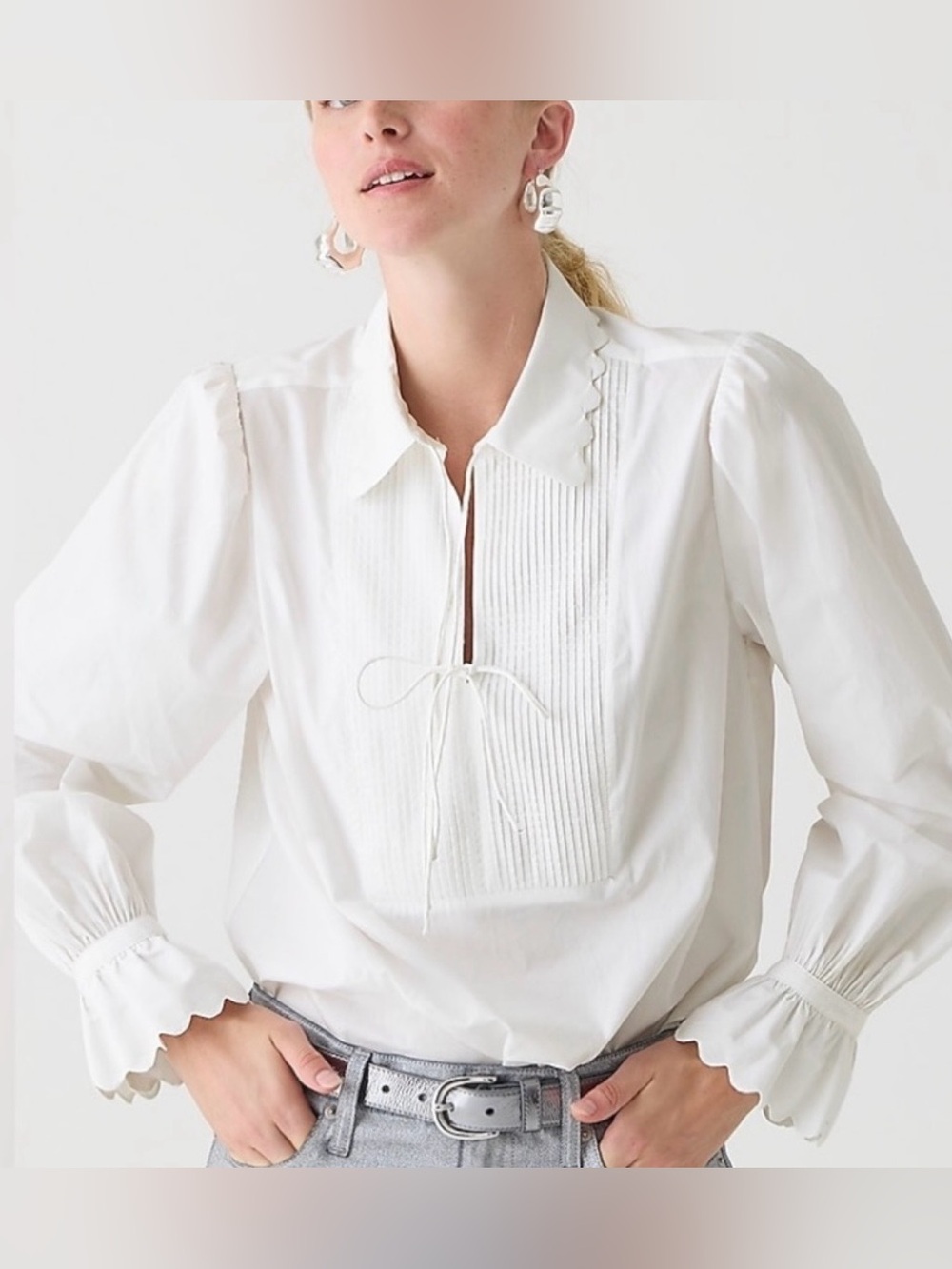 J.Crew Scalloped Trim Pintuck Tie Neck Popover Blouse White Medium